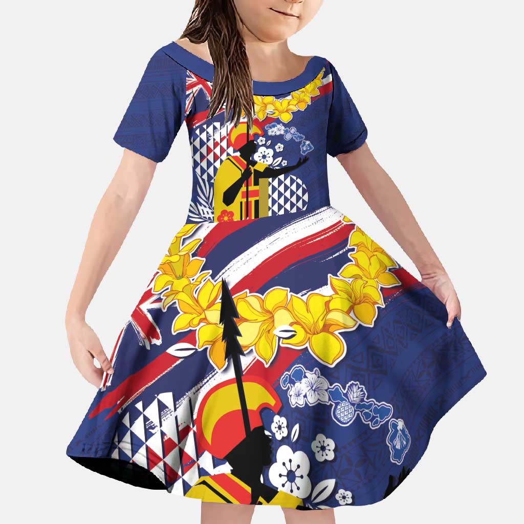 Hawaii King Kamehameha Day Family Matching Mermaid Dress and Hawaiian Shirt Lei Sea Waves Polynesian Tapa Pattern LT03 Daughter's Dress Blue - Polynesian Pride