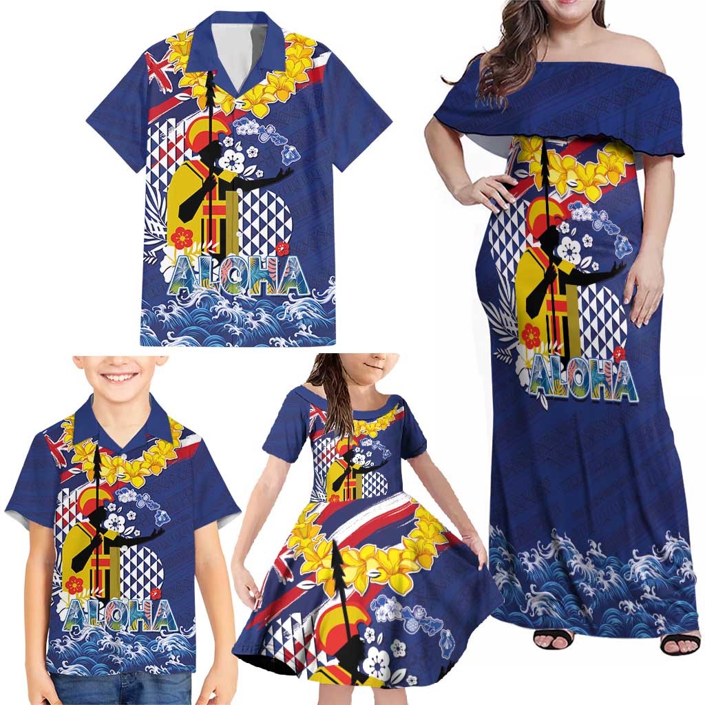 Hawaii King Kamehameha Day Family Matching Off Shoulder Maxi Dress and Hawaiian Shirt Lei Sea Waves Polynesian Tapa Pattern LT03 - Polynesian Pride