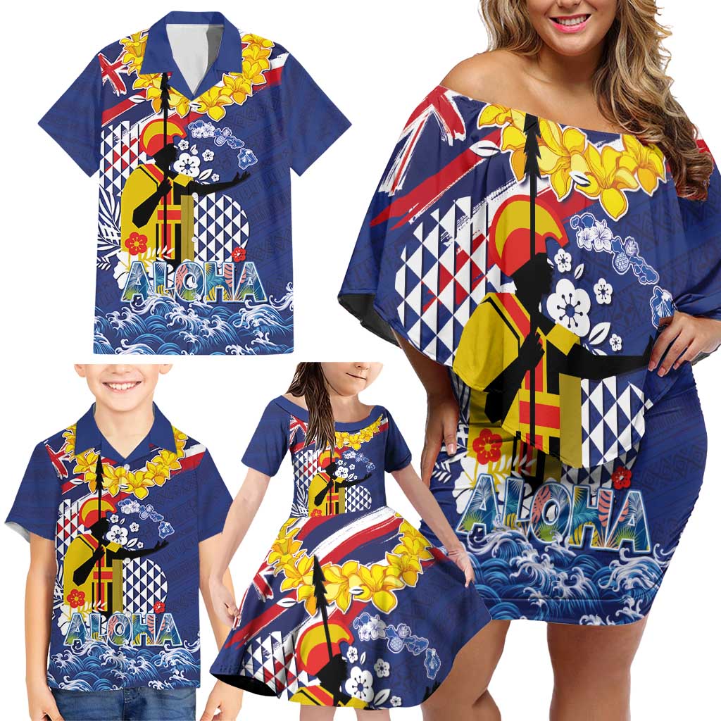 Hawaii King Kamehameha Day Family Matching Off Shoulder Short Dress and Hawaiian Shirt Lei Sea Waves Polynesian Tapa Pattern