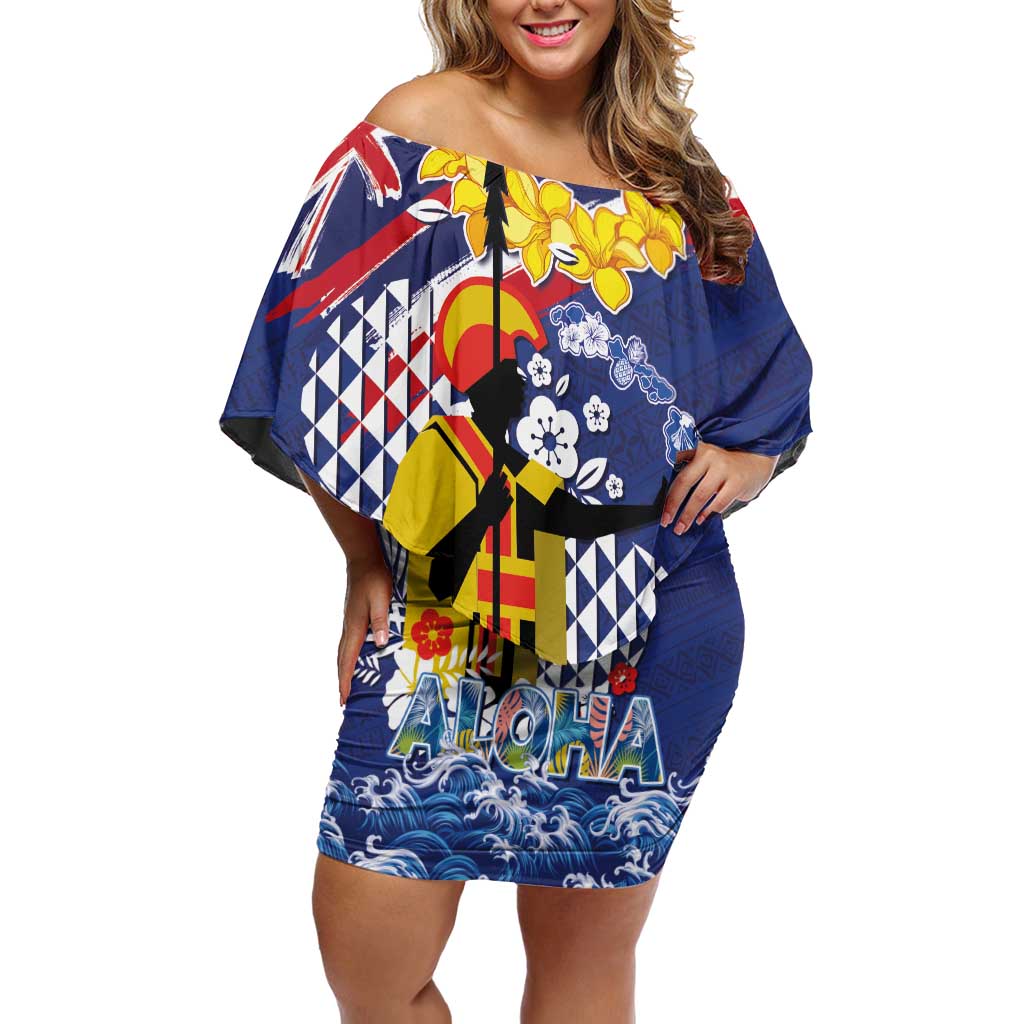 Hawaii King Kamehameha Day Family Matching Off Shoulder Short Dress and Hawaiian Shirt Lei Sea Waves Polynesian Tapa Pattern LT03 Mom's Dress Blue - Polynesian Pride