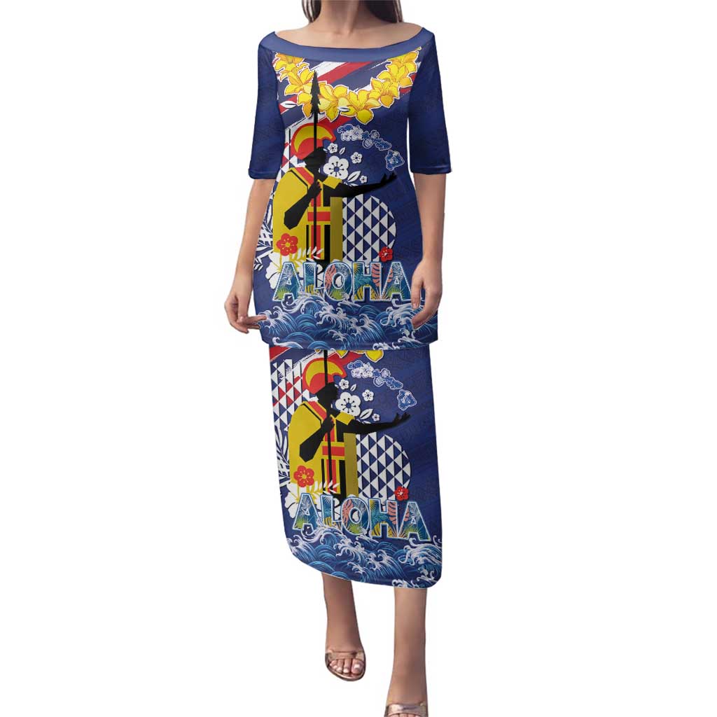 Hawaii King Kamehameha Day Family Matching Puletasi and Hawaiian Shirt Lei Sea Waves Polynesian Tapa Pattern LT03 Mom's Dress Blue - Polynesian Pride