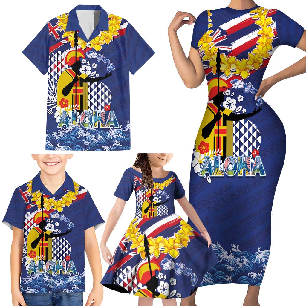 Hawaii King Kamehameha Day Family Matching Short Sleeve Bodycon Dress and Hawaiian Shirt Lei Sea Waves Polynesian Tapa Pattern LT03 - Polynesian Pride
