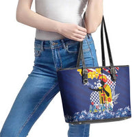 Hawaii King Kamehameha Day Leather Tote Bag Lei Sea Waves Polynesian Tapa Pattern