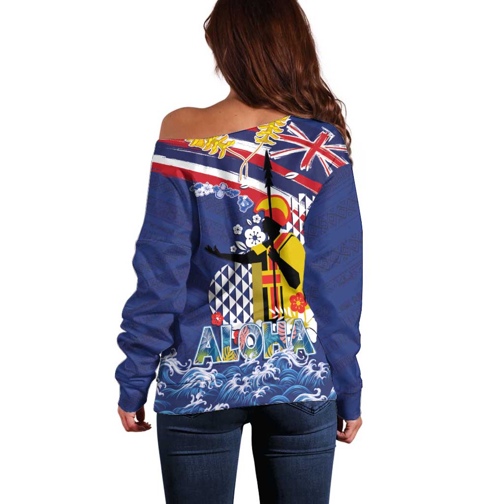 Hawaii King Kamehameha Day Off Shoulder Sweater Lei Sea Waves Polynesian Tapa Pattern