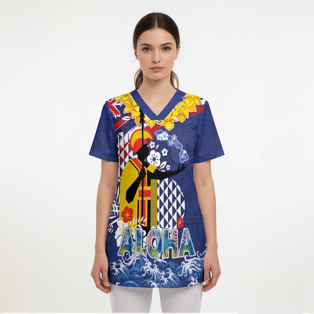 Hawaii King Kamehameha Day Scrub Top Lei Sea Waves Polynesian Tapa Pattern LT03 - Polynesian Pride