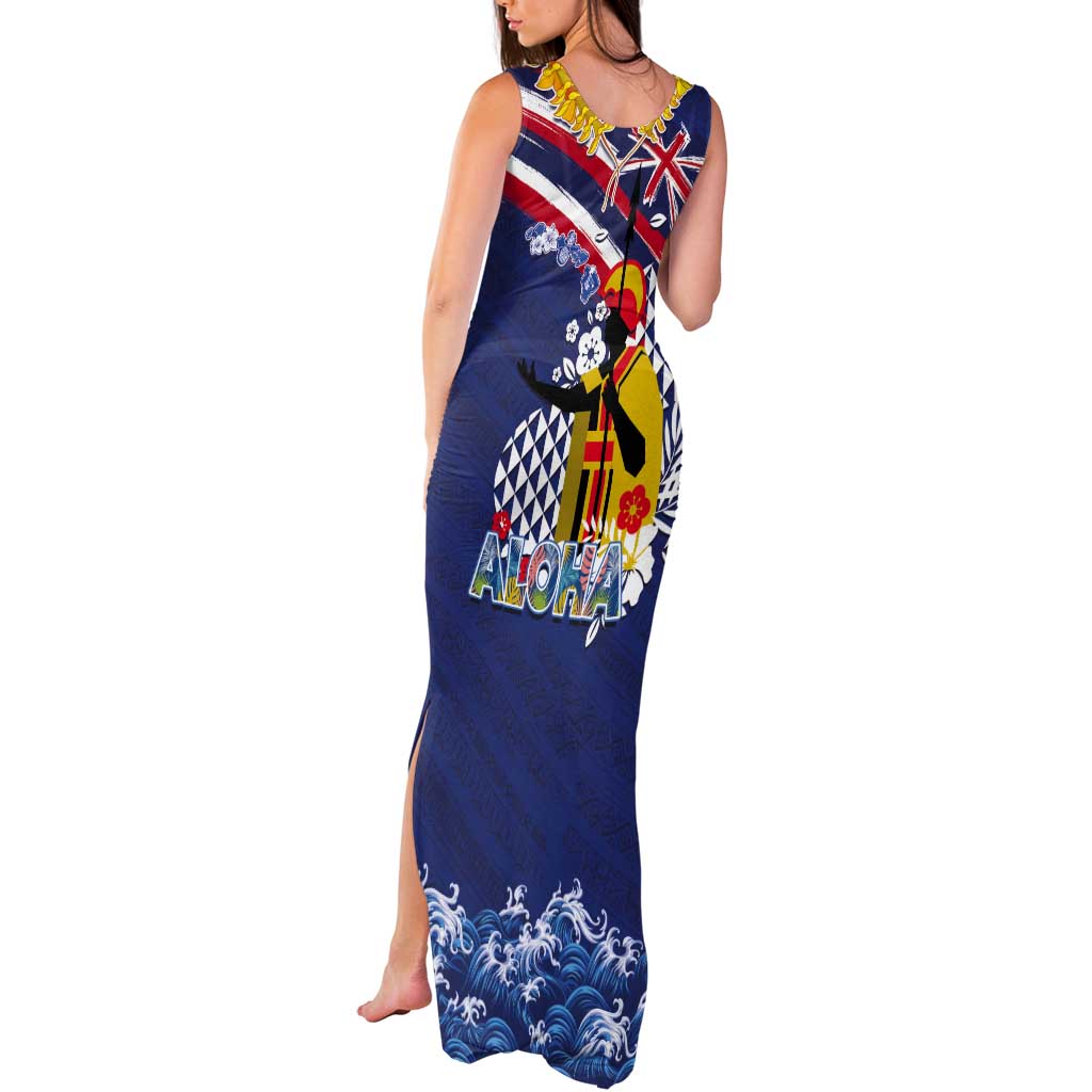 Hawaii King Kamehameha Day Tank Maxi Dress Lei Sea Waves Polynesian Tapa Pattern
