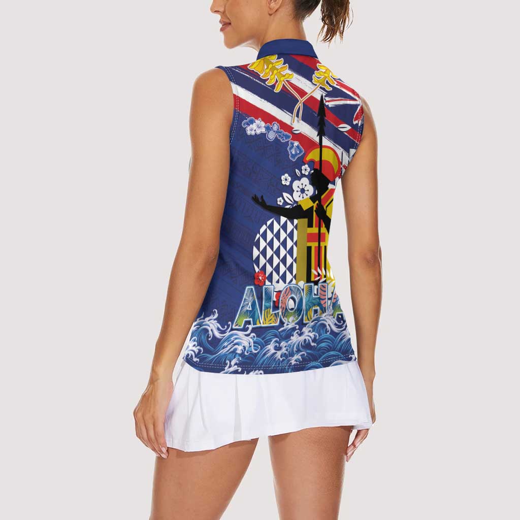 Hawaii King Kamehameha Day Women Sleeveless Polo Shirt Lei Sea Waves Polynesian Tapa Pattern LT03 - Polynesian Pride
