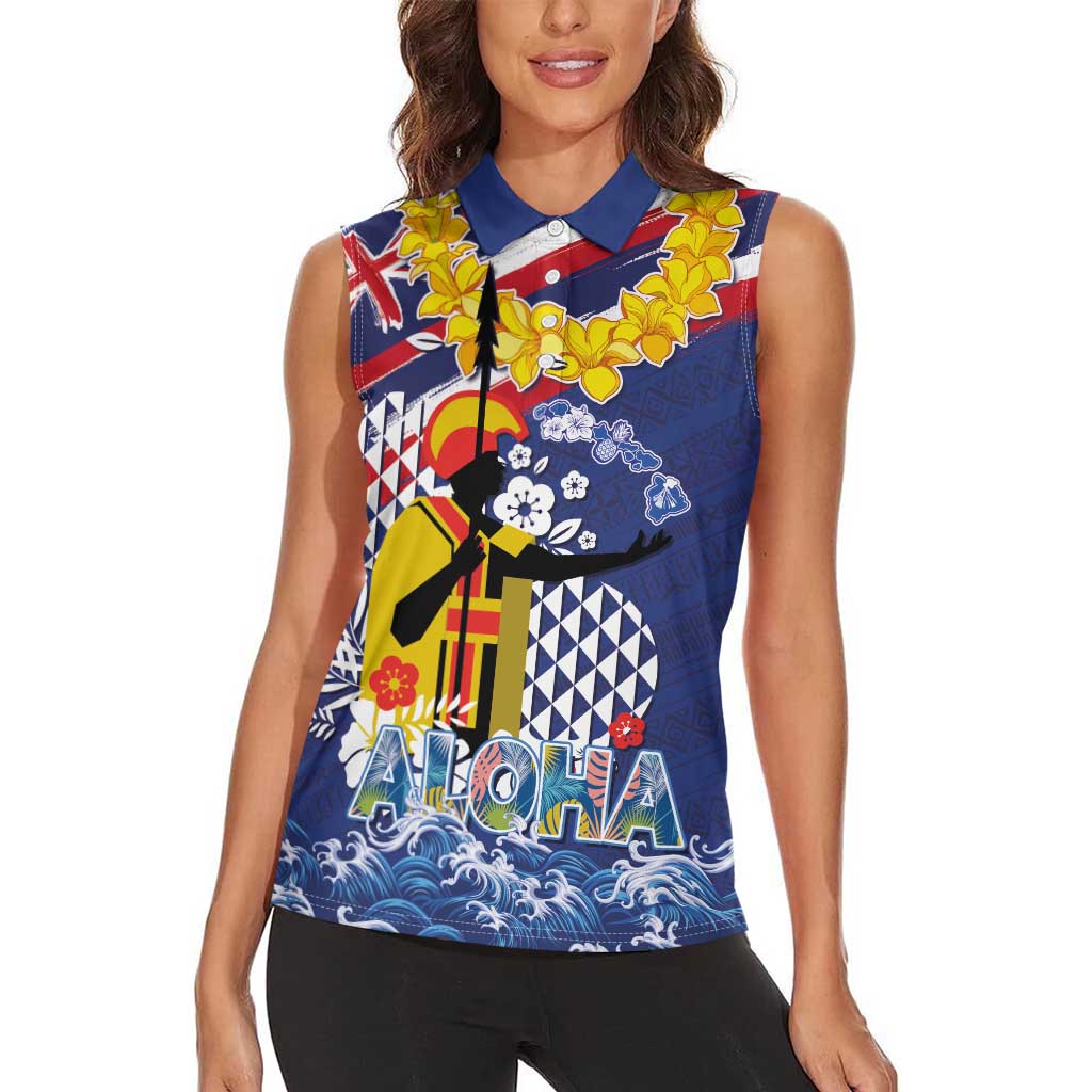 Hawaii King Kamehameha Day Women Sleeveless Polo Shirt Lei Sea Waves Polynesian Tapa Pattern LT03 - Polynesian Pride