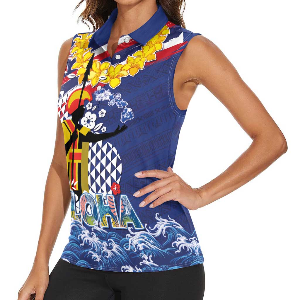 Hawaii King Kamehameha Day Women Sleeveless Polo Shirt Lei Sea Waves Polynesian Tapa Pattern LT03 - Polynesian Pride