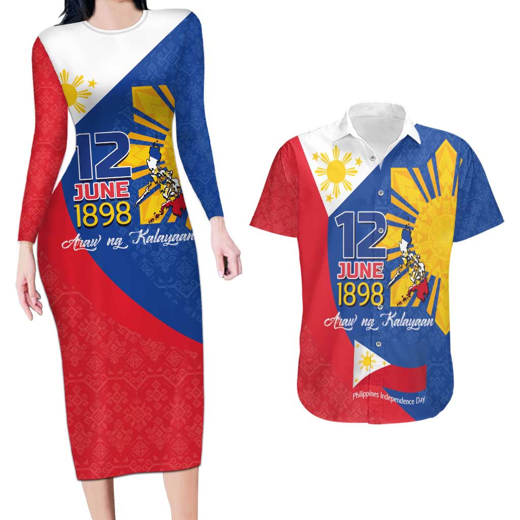 Philippines Independence Day Couples Matching Long Sleeve Bodycon Dress and Hawaiian Shirt Araw ng Kalayaan Polynesian Sun and YAKAN Pattern LT03 Blue - Polynesian Pride