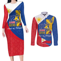 Philippines Independence Day Couples Matching Long Sleeve Bodycon Dress and Long Sleeve Button Shirt Araw ng Kalayaan Polynesian Sun and YAKAN Pattern LT03 Blue - Polynesian Pride