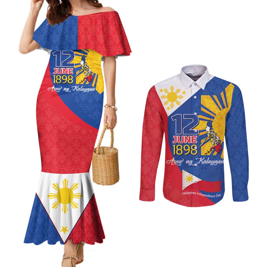 Philippines Independence Day Couples Matching Mermaid Dress and Long Sleeve Button Shirt Araw ng Kalayaan Polynesian Sun and YAKAN Pattern LT03 Blue - Polynesian Pride