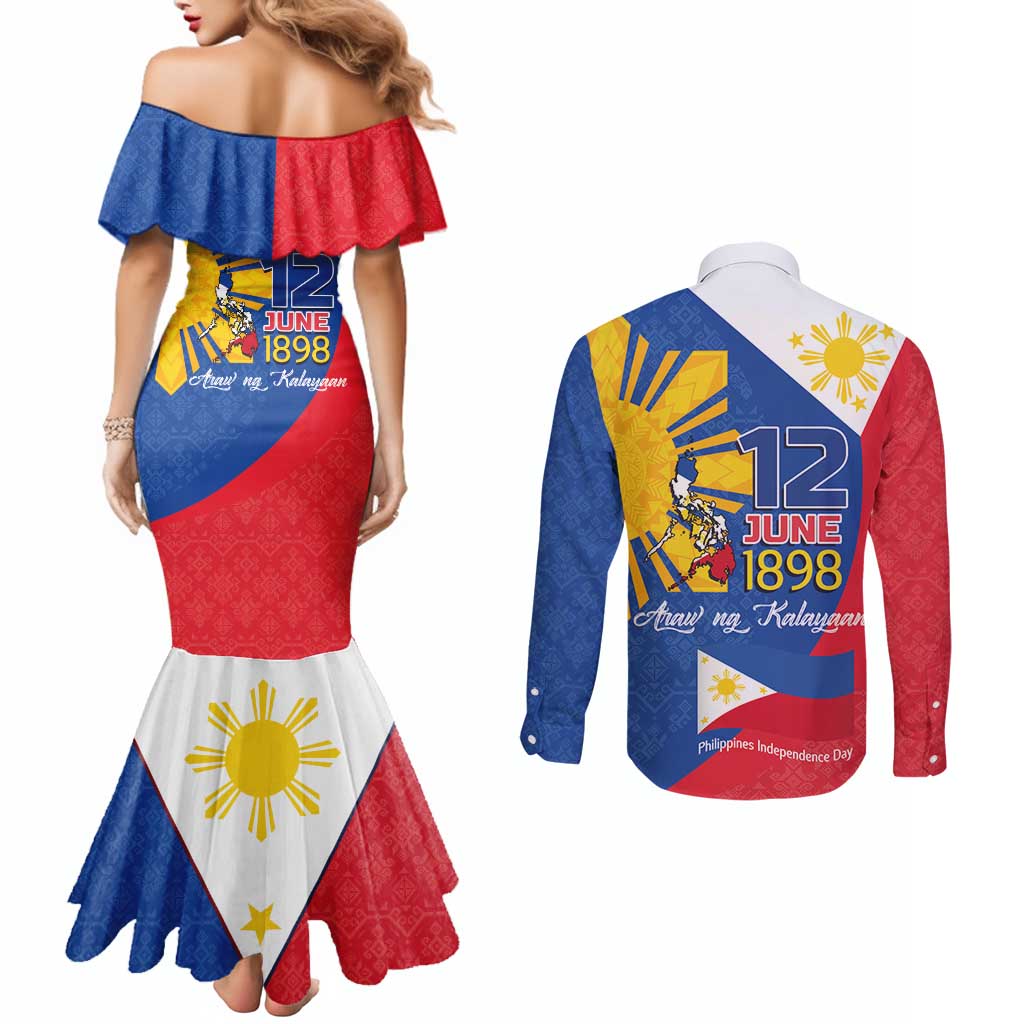 Philippines Independence Day Couples Matching Mermaid Dress and Long Sleeve Button Shirt Araw ng Kalayaan Polynesian Sun and YAKAN Pattern LT03 - Polynesian Pride