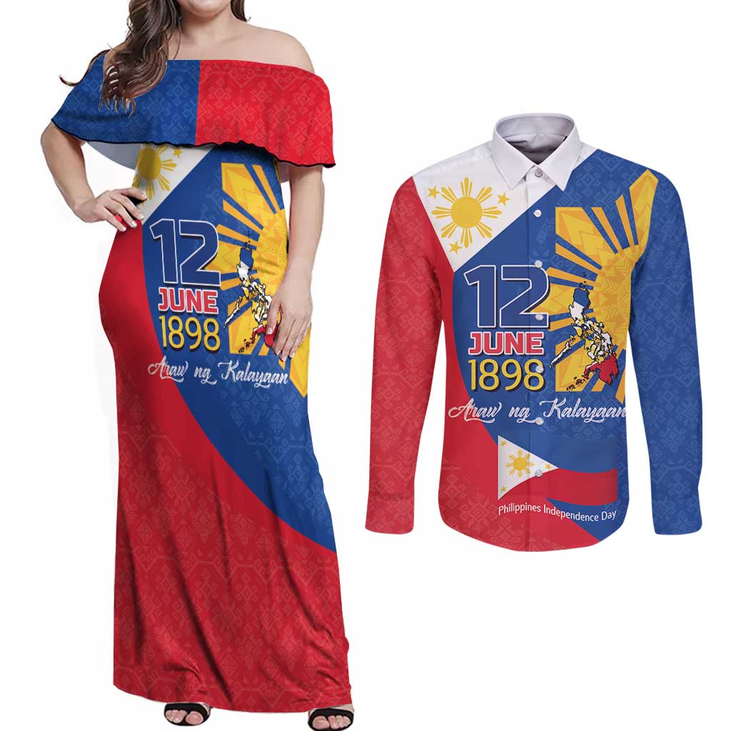 Philippines Independence Day Couples Matching Off Shoulder Maxi Dress and Long Sleeve Button Shirt Araw ng Kalayaan Polynesian Sun and YAKAN Pattern LT03 Blue - Polynesian Pride