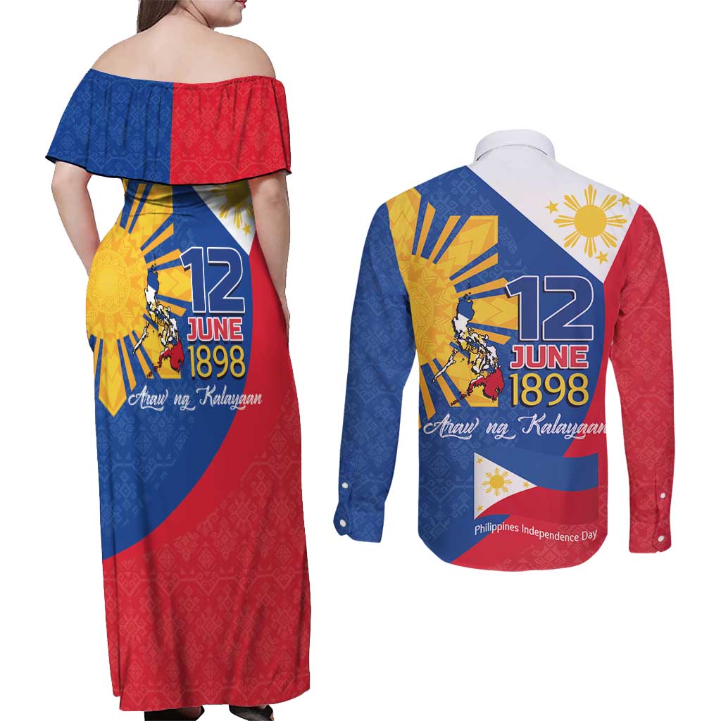 Philippines Independence Day Couples Matching Off Shoulder Maxi Dress and Long Sleeve Button Shirt Araw ng Kalayaan Polynesian Sun and YAKAN Pattern LT03 - Polynesian Pride