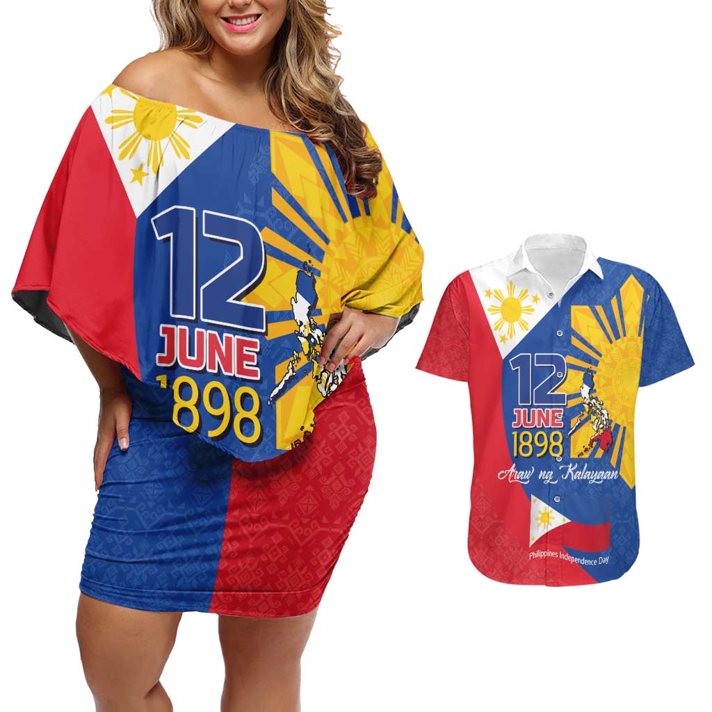 Philippines Independence Day Couples Matching Off Shoulder Short Dress and Hawaiian Shirt Araw ng Kalayaan Polynesian Sun and YAKAN Pattern LT03 Blue - Polynesian Pride