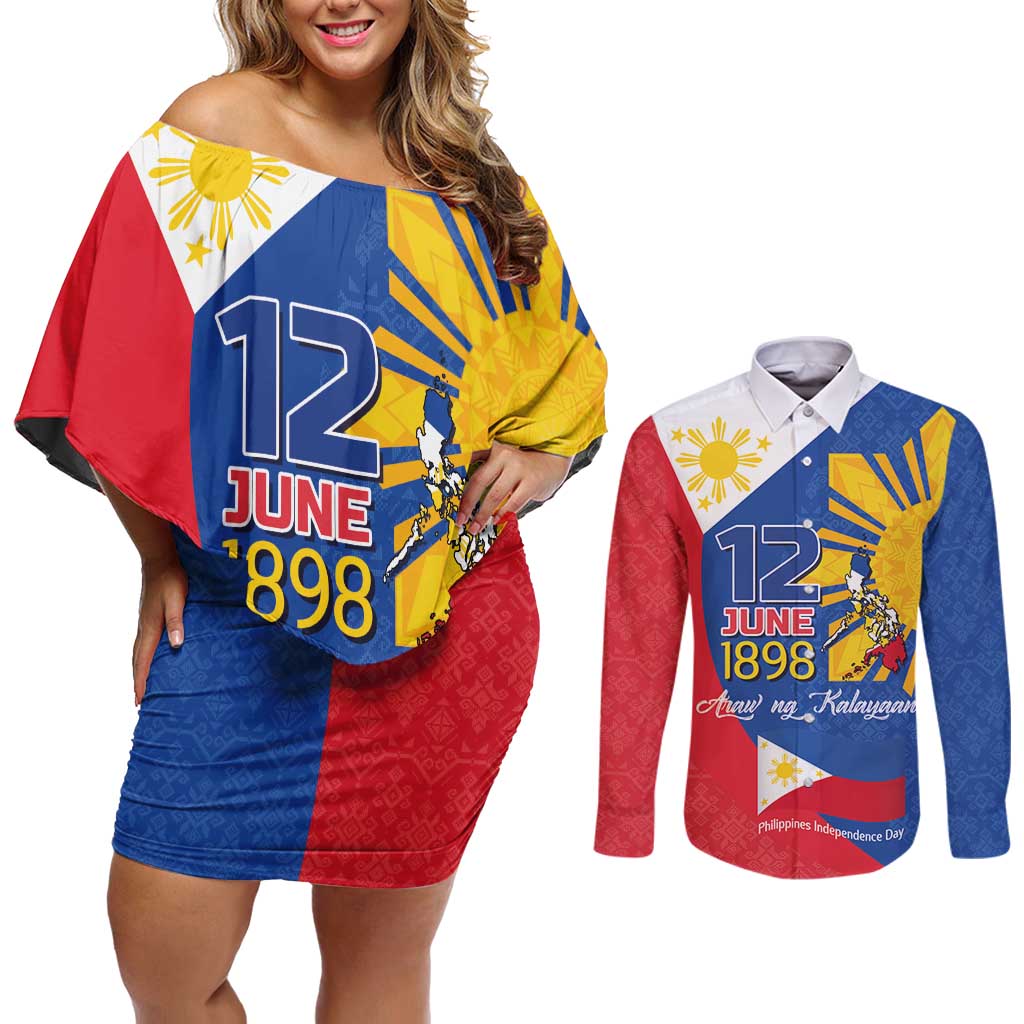 Philippines Independence Day Couples Matching Off Shoulder Short Dress and Long Sleeve Button Shirt Araw ng Kalayaan Polynesian Sun and YAKAN Pattern LT03 Blue - Polynesian Pride
