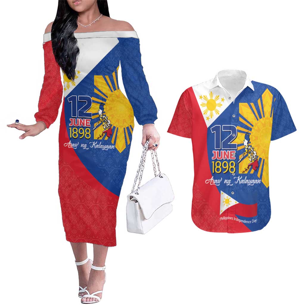 Philippines Independence Day Couples Matching Off The Shoulder Long Sleeve Dress and Hawaiian Shirt Araw ng Kalayaan Polynesian Sun and YAKAN Pattern LT03 Blue - Polynesian Pride