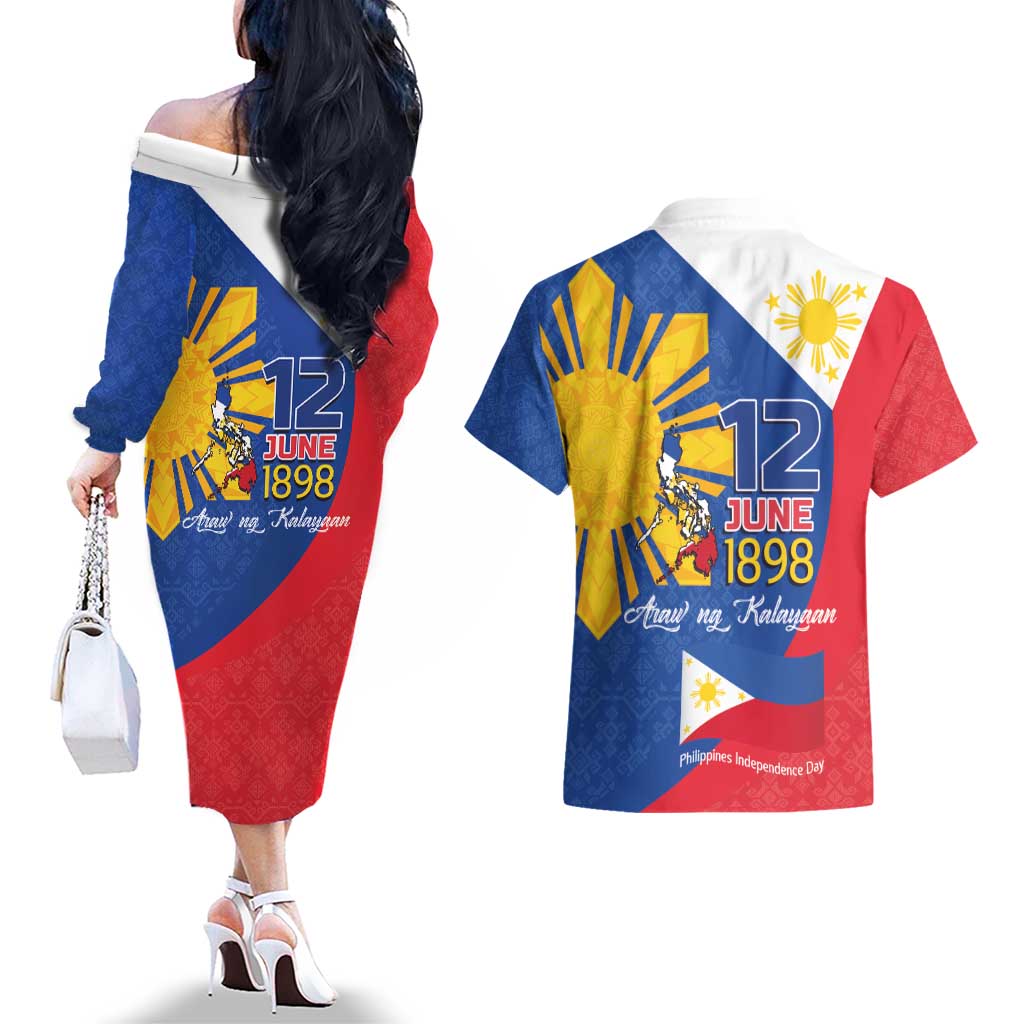Philippines Independence Day Couples Matching Off The Shoulder Long Sleeve Dress and Hawaiian Shirt Araw ng Kalayaan Polynesian Sun and YAKAN Pattern LT03 - Polynesian Pride