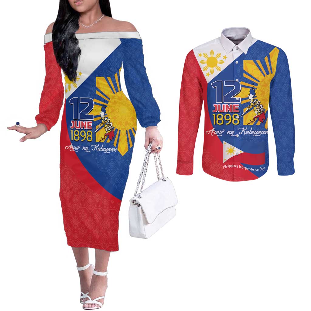 Philippines Independence Day Couples Matching Off The Shoulder Long Sleeve Dress and Long Sleeve Button Shirt Araw ng Kalayaan Polynesian Sun and YAKAN Pattern LT03 Blue - Polynesian Pride