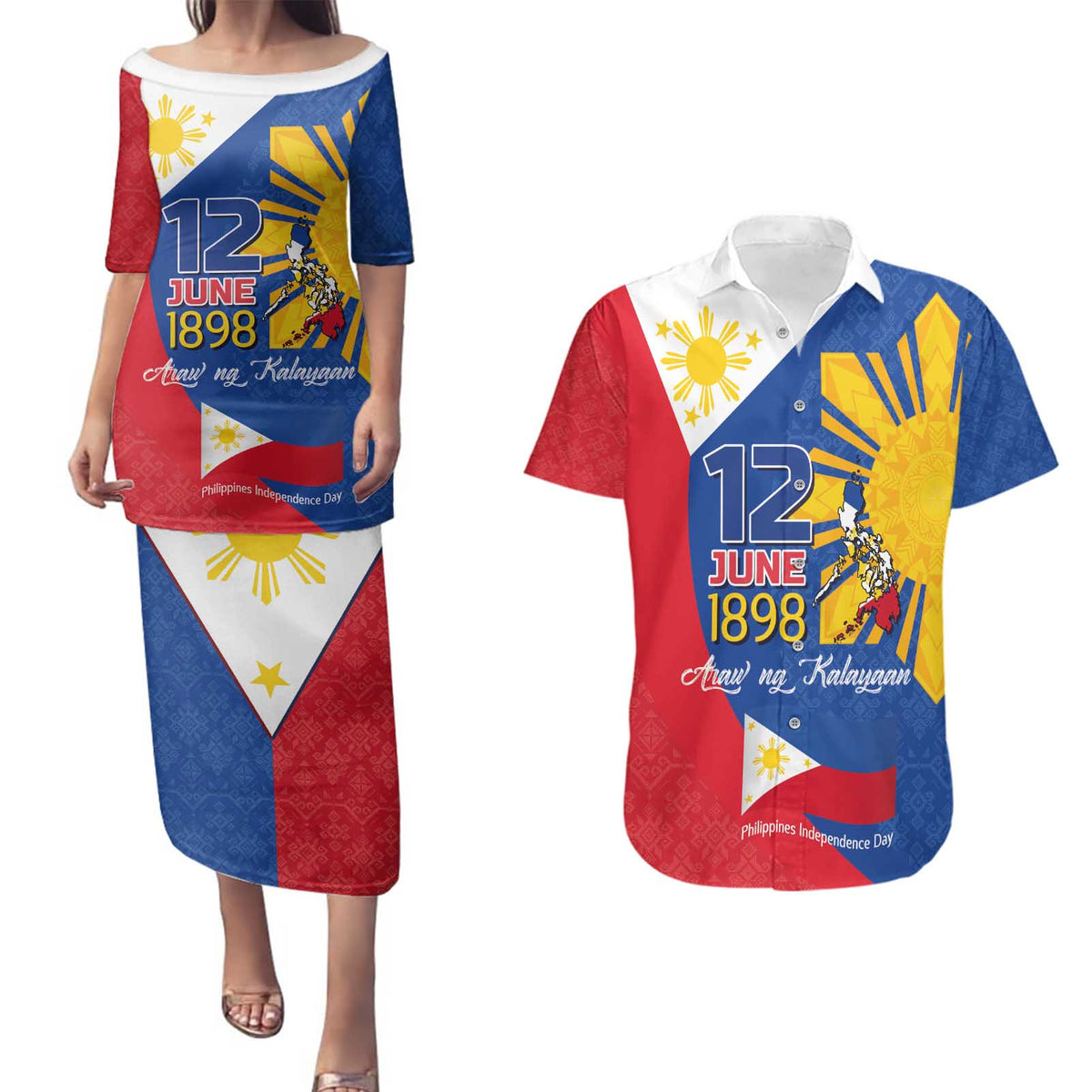Philippines Independence Day Couples Matching Puletasi and Hawaiian Shirt Araw ng Kalayaan Polynesian Sun and YAKAN Pattern LT03 Blue - Polynesian Pride