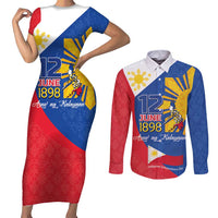 Philippines Independence Day Couples Matching Short Sleeve Bodycon Dress and Long Sleeve Button Shirt Araw ng Kalayaan Polynesian Sun and YAKAN Pattern LT03 Blue - Polynesian Pride