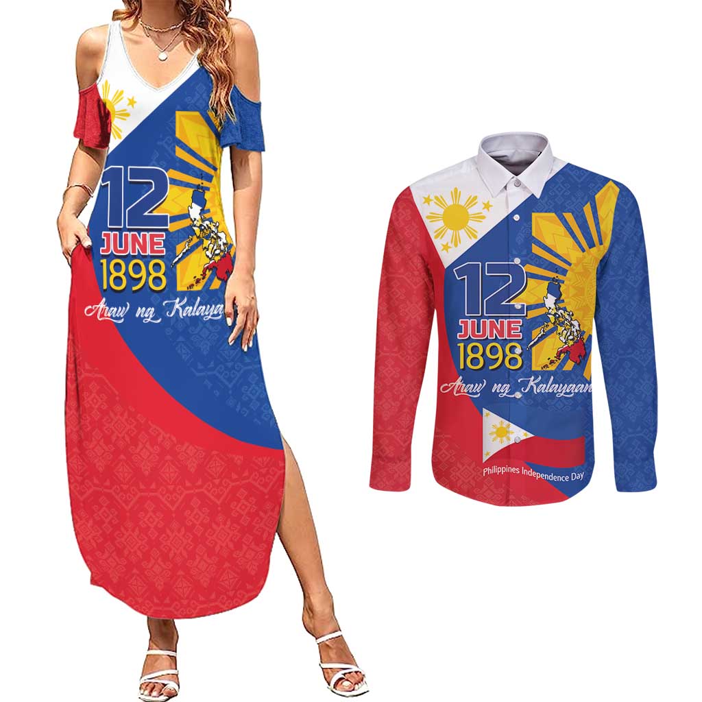 Philippines Independence Day Couples Matching Summer Maxi Dress and Long Sleeve Button Shirt Araw ng Kalayaan Polynesian Sun and YAKAN Pattern LT03 Blue - Polynesian Pride