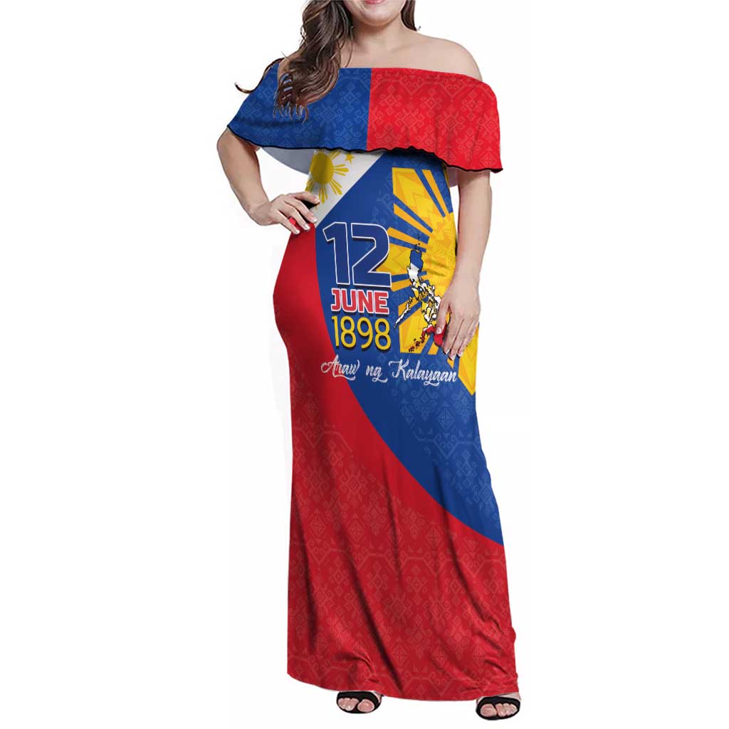 Philippines Independence Day Family Matching Off Shoulder Maxi Dress and Hawaiian Shirt Araw ng Kalayaan Polynesian Sun and YAKAN Pattern LT03 Mom's Dress Blue - Polynesian Pride