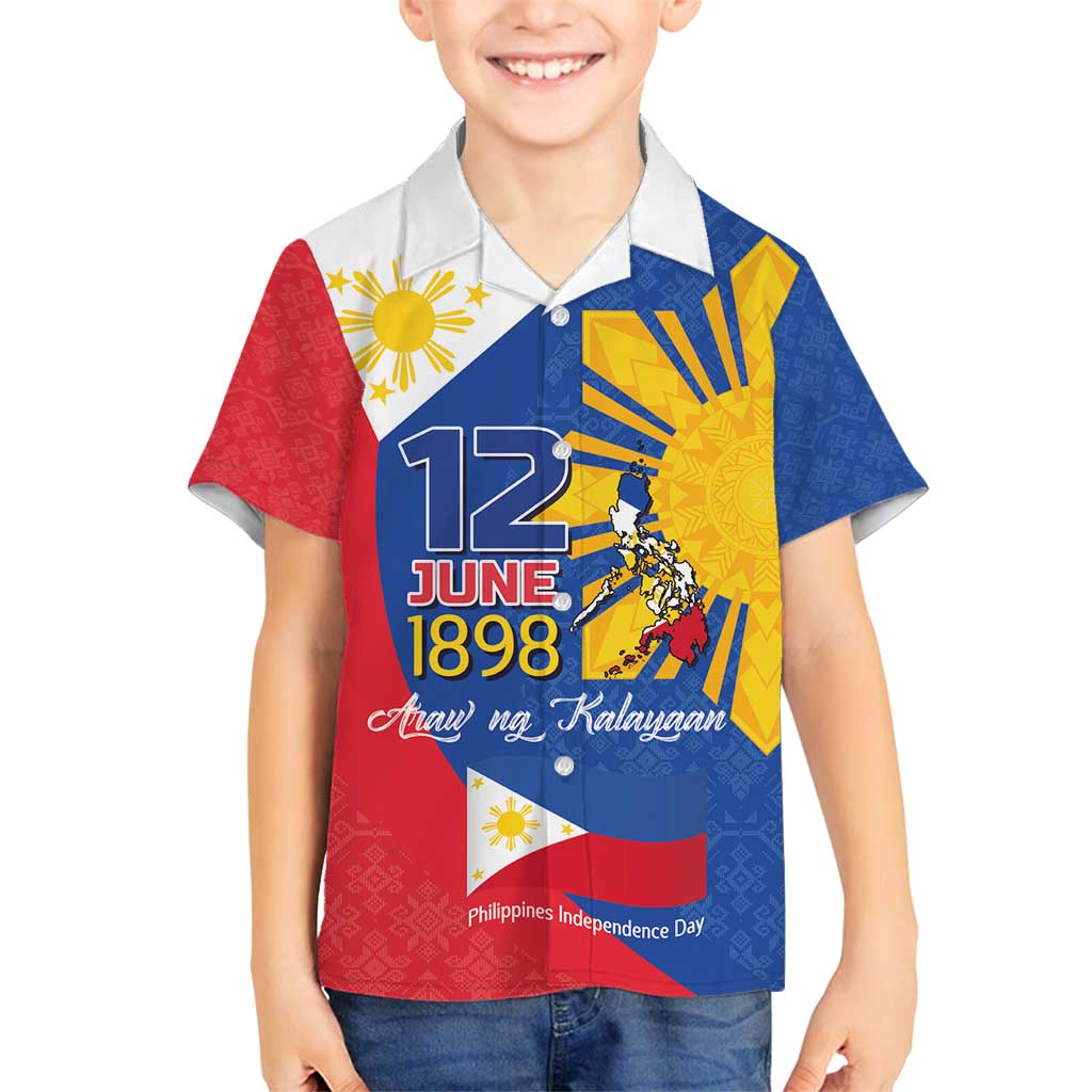 Philippines Independence Day Family Matching Off Shoulder Maxi Dress and Hawaiian Shirt Araw ng Kalayaan Polynesian Sun and YAKAN Pattern LT03 Son's Shirt Blue - Polynesian Pride