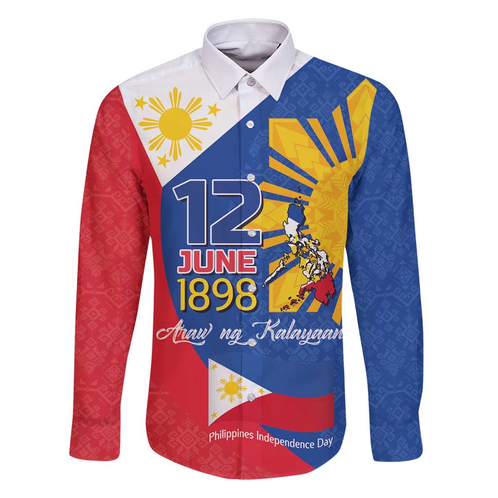 Philippines Independence Day Family Matching Off Shoulder Short Dress and Hawaiian Shirt Araw ng Kalayaan Polynesian Sun and YAKAN Pattern LT03 Dad's Shirt - Long Sleeve Blue - Polynesian Pride