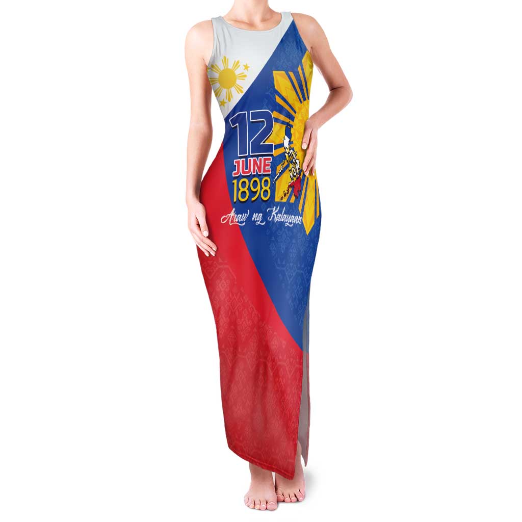 Philippines Independence Day Family Matching Tank Maxi Dress and Hawaiian Shirt Araw ng Kalayaan Polynesian Sun and YAKAN Pattern LT03 Mom's Dress Blue - Polynesian Pride