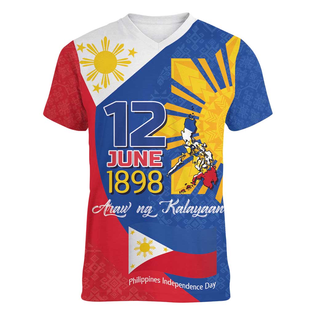 Philippines Independence Day Women V-Neck T-Shirt Araw ng Kalayaan Polynesian Sun and YAKAN Pattern LT03 Female Blue - Polynesian Pride