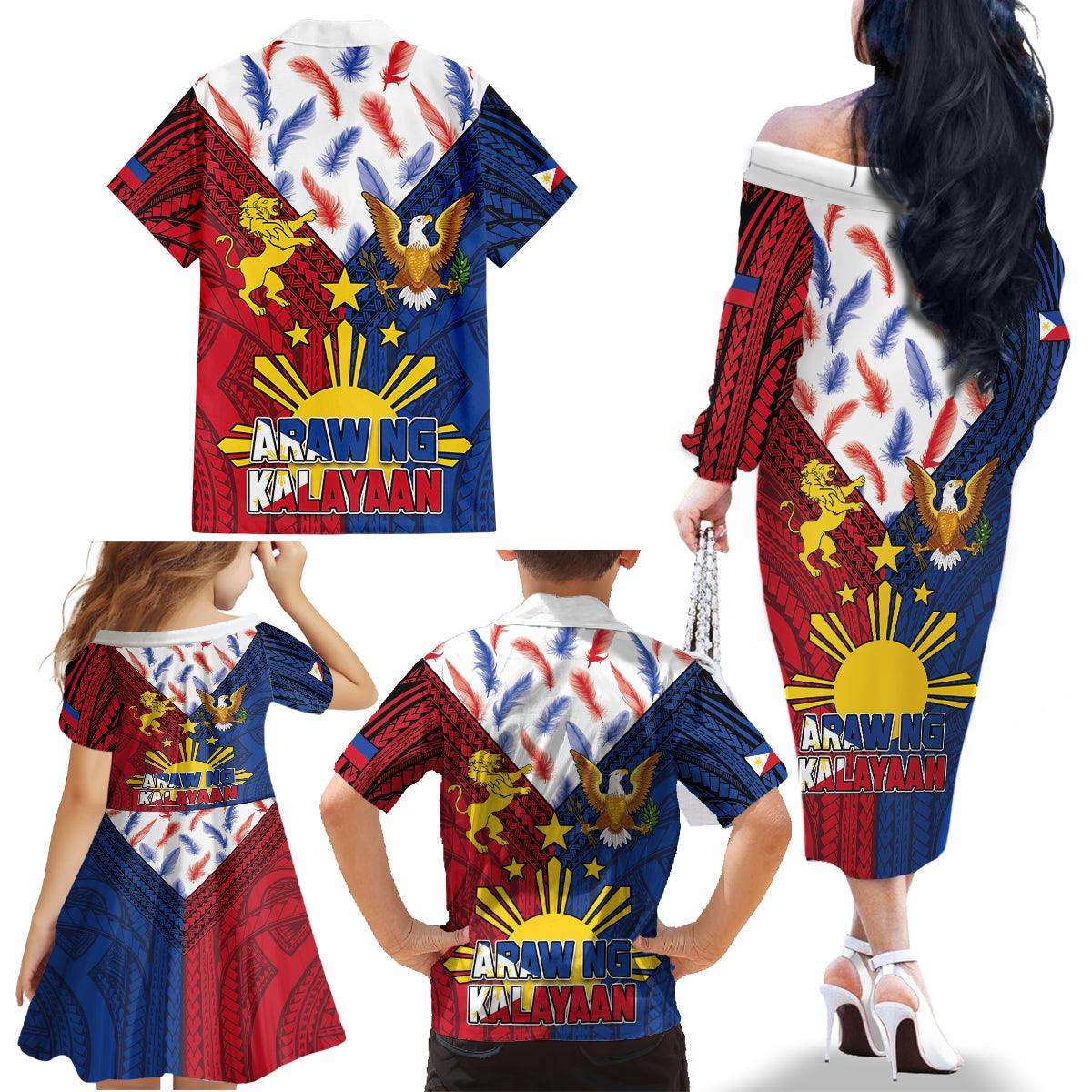 Philippines Independence Day 126th Anniversary Family Matching Off The Shoulder Long Sleeve Dress and Hawaiian Shirt Polynesian Pattern National Flag Style LT03 - Polynesian Pride