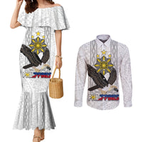 Philippines Eagle Week Couples Matching Mermaid Dress and Long Sleeve Button Shirt Polynesian Pattern Barong Style LT03 White - Polynesian Pride