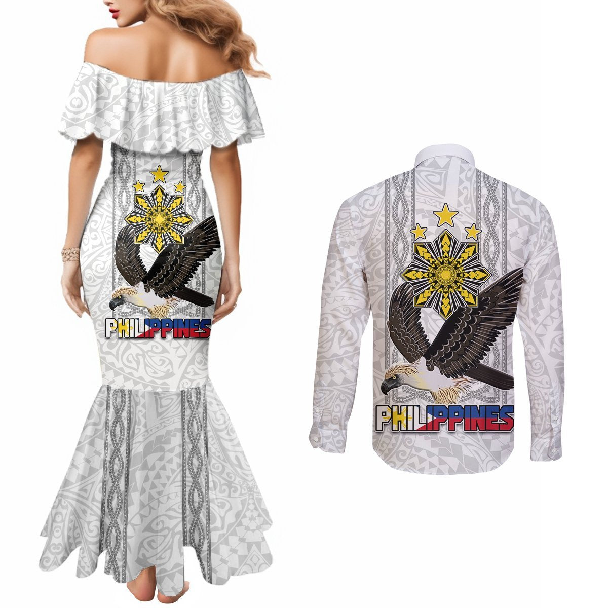 Philippines Eagle Week Couples Matching Mermaid Dress and Long Sleeve Button Shirt Polynesian Pattern Barong Style LT03 - Polynesian Pride