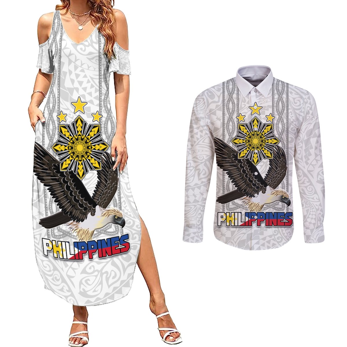 Philippines Eagle Week Couples Matching Summer Maxi Dress and Long Sleeve Button Shirt Polynesian Pattern Barong Style