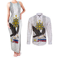 Philippines Eagle Week Couples Matching Tank Maxi Dress and Long Sleeve Button Shirt Polynesian Pattern Barong Style LT03 White - Polynesian Pride
