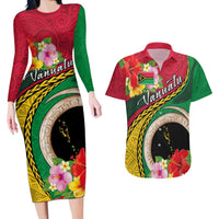 Vanuatu Tribal Boar Tusk Couples Matching Long Sleeve Bodycon Dress and Hawaiian Shirt Tropical Plants with Namele and Melanesian Pattern LT03 Red - Polynesian Pride