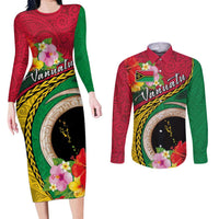 Vanuatu Tribal Boar Tusk Couples Matching Long Sleeve Bodycon Dress and Long Sleeve Button Shirt Tropical Plants with Namele and Melanesian Pattern LT03 Red - Polynesian Pride