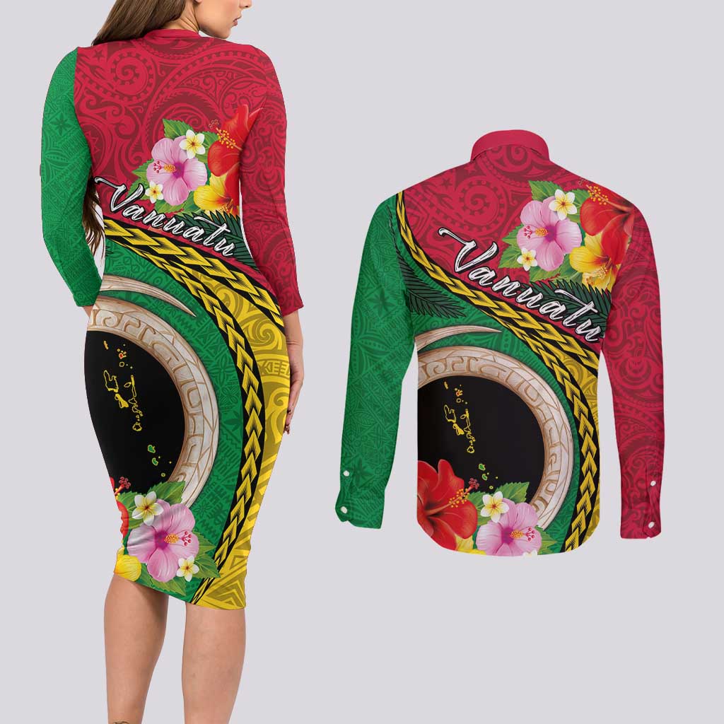 Vanuatu Tribal Boar Tusk Couples Matching Long Sleeve Bodycon Dress and Long Sleeve Button Shirt Tropical Plants with Namele and Melanesian Pattern LT03 - Polynesian Pride
