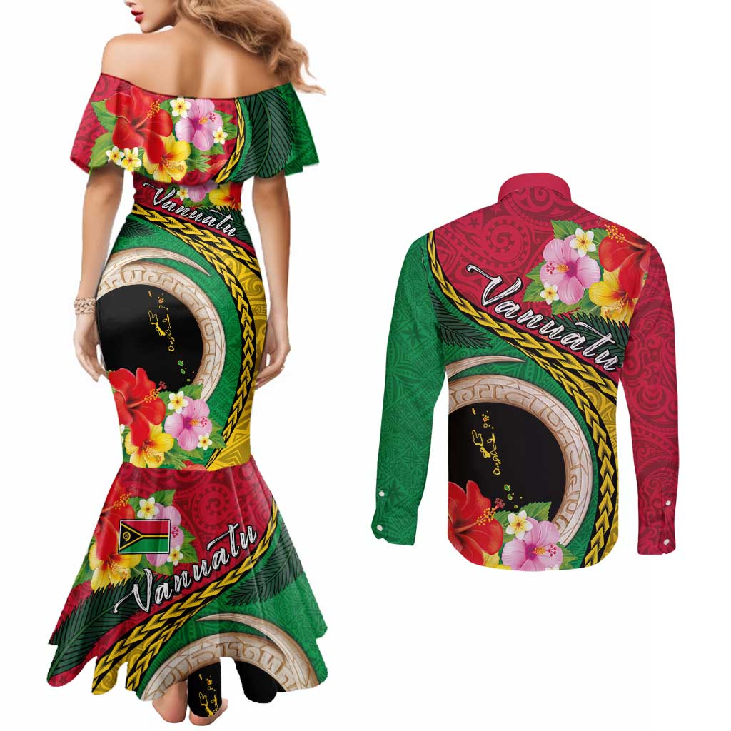 Vanuatu Tribal Boar Tusk Couples Matching Mermaid Dress and Long Sleeve Button Shirt Tropical Plants with Namele and Melanesian Pattern LT03 - Polynesian Pride