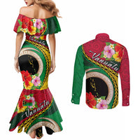 Vanuatu Tribal Boar Tusk Couples Matching Mermaid Dress and Long Sleeve Button Shirt Tropical Plants with Namele and Melanesian Pattern LT03 - Polynesian Pride