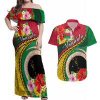 Vanuatu Tribal Boar Tusk Couples Matching Off Shoulder Maxi Dress and Hawaiian Shirt Tropical Plants with Namele and Melanesian Pattern LT03 Red - Polynesian Pride