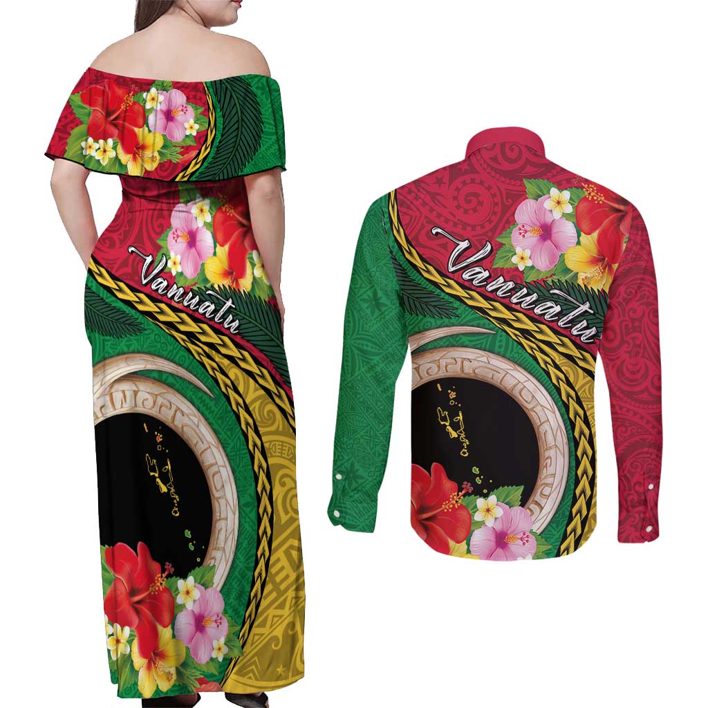 Vanuatu Tribal Boar Tusk Couples Matching Off Shoulder Maxi Dress and Long Sleeve Button Shirt Tropical Plants with Namele and Melanesian Pattern LT03 - Polynesian Pride