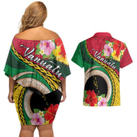 Vanuatu Tribal Boar Tusk Couples Matching Off Shoulder Short Dress and Hawaiian Shirt Tropical Plants with Namele and Melanesian Pattern LT03 - Polynesian Pride