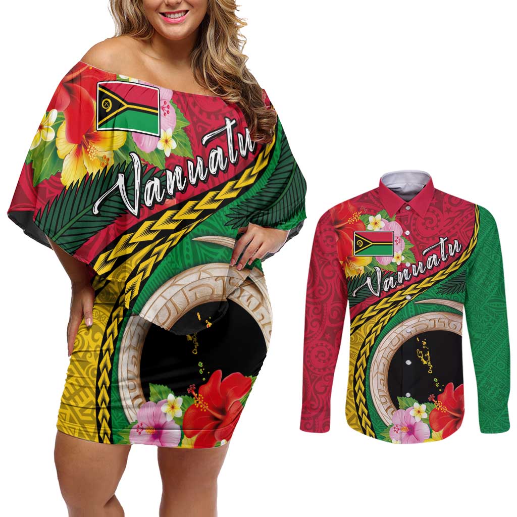 Vanuatu Tribal Boar Tusk Couples Matching Off Shoulder Short Dress and Long Sleeve Button Shirt Tropical Plants with Namele and Melanesian Pattern LT03 Red - Polynesian Pride