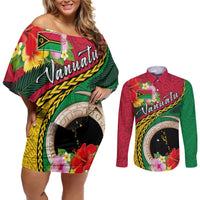 Vanuatu Tribal Boar Tusk Couples Matching Off Shoulder Short Dress and Long Sleeve Button Shirt Tropical Plants with Namele and Melanesian Pattern LT03 Red - Polynesian Pride