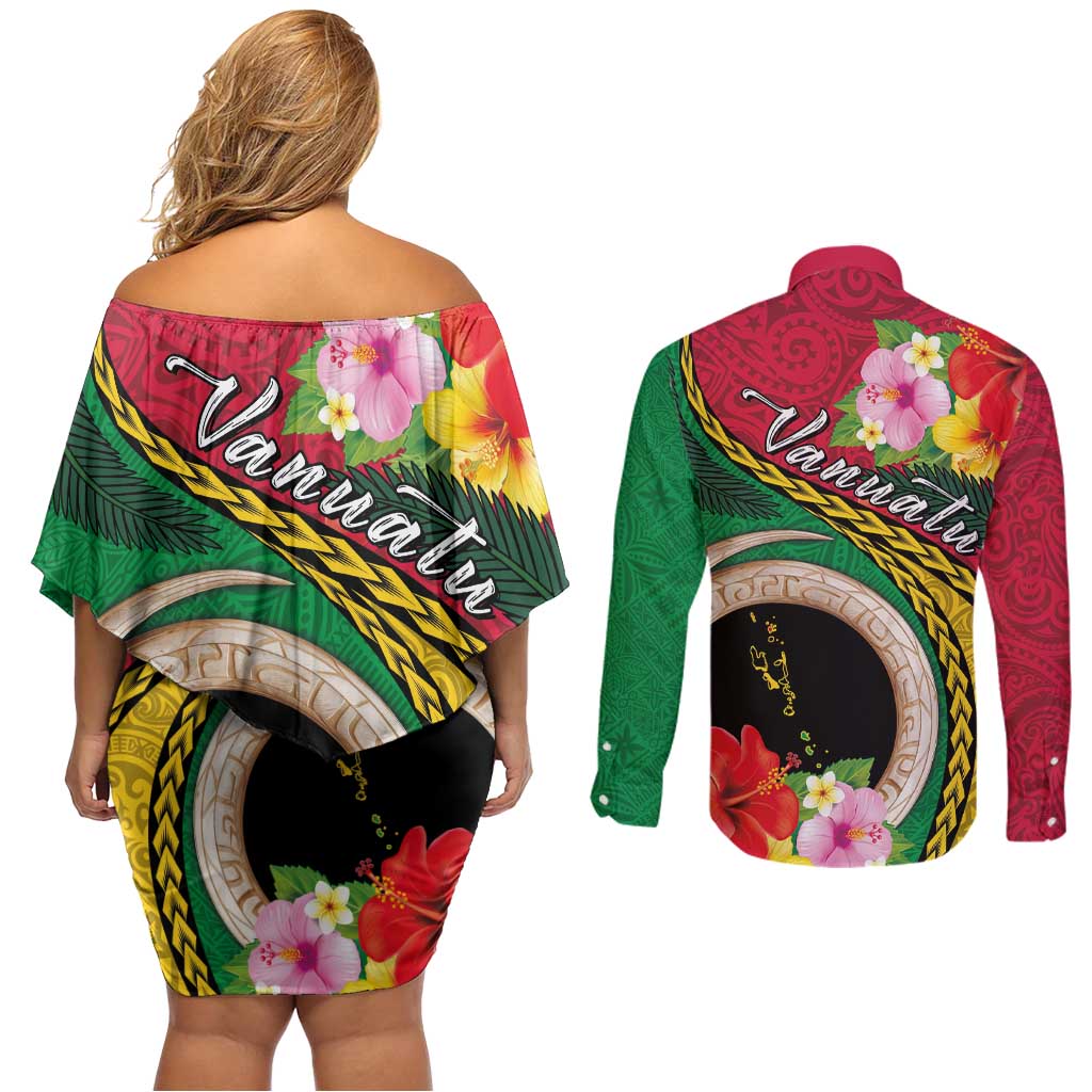 Vanuatu Tribal Boar Tusk Couples Matching Off Shoulder Short Dress and Long Sleeve Button Shirt Tropical Plants with Namele and Melanesian Pattern LT03 - Polynesian Pride