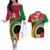 Vanuatu Tribal Boar Tusk Couples Matching Off The Shoulder Long Sleeve Dress and Hawaiian Shirt Tropical Plants with Namele and Melanesian Pattern LT03 Red - Polynesian Pride