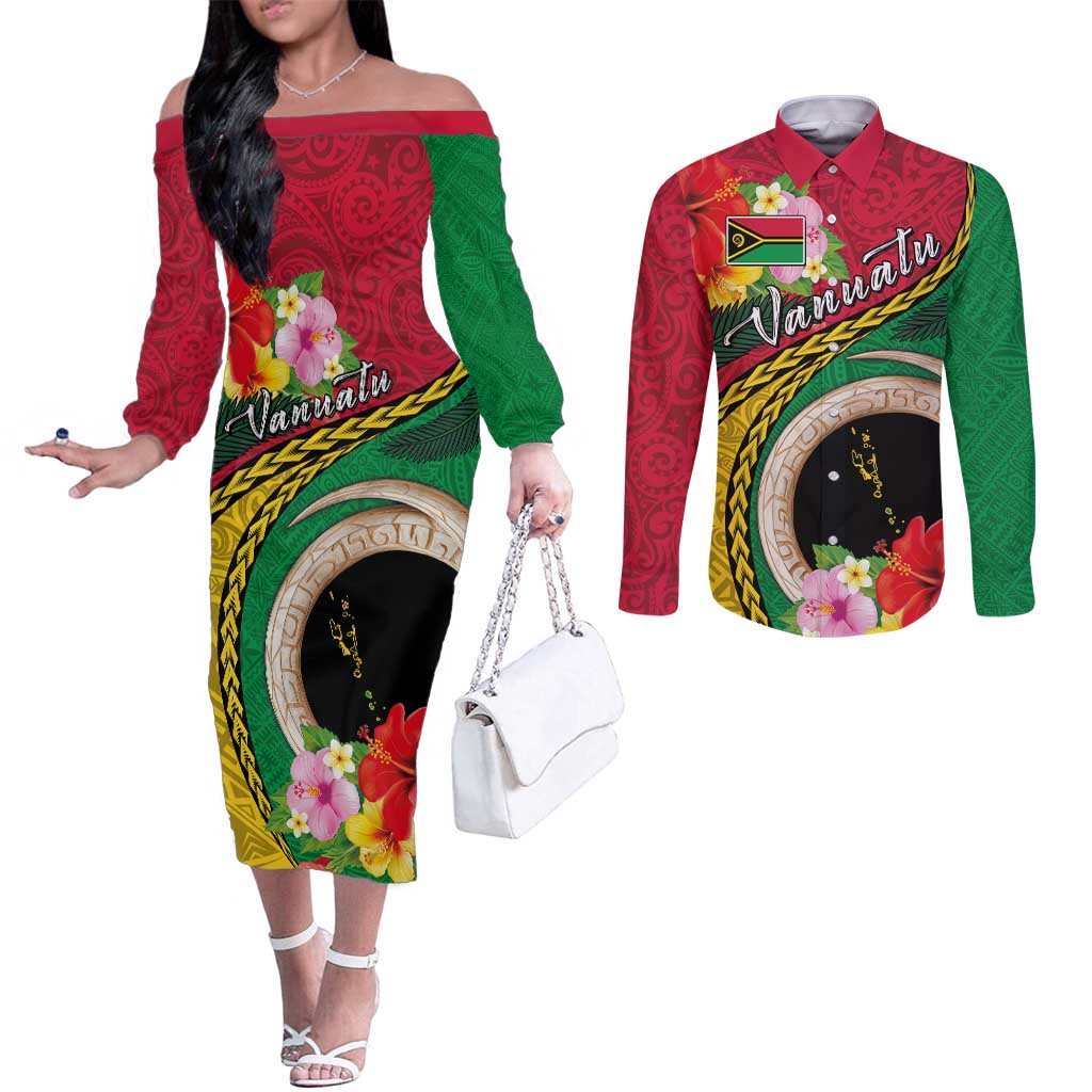 Vanuatu Tribal Boar Tusk Couples Matching Off The Shoulder Long Sleeve Dress and Long Sleeve Button Shirt Tropical Plants with Namele and Melanesian Pattern LT03 Red - Polynesian Pride